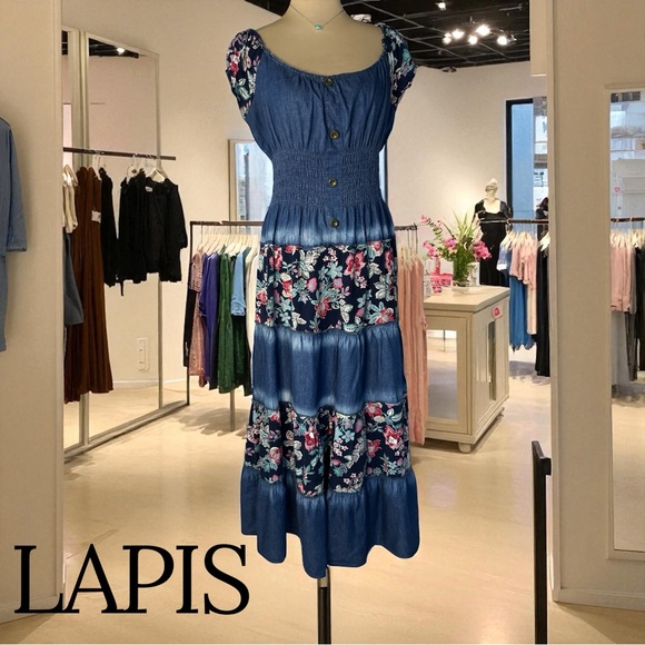 Anthropologie LAPIS Maxi Denim/Floral Smocked Waist Tier Dress L - Picture 1 of 9